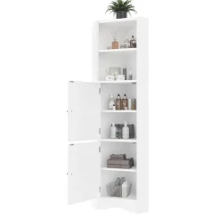 Meuble triangulaire salle de bain blanc laqué, 2 étagères ouvertes, 2 portes avec séparateurs réglables, design simple
