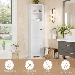 Meuble triangulaire salle de bain blanc laqué, 2 étagères ouvertes, 2 portes avec séparateurs réglables, design simple