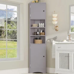 Meuble triangulaire salle de bain, résistant à l'humidité, 3 étagères ouvertes, double porte avec étagères réglables, gris