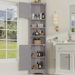Meuble triangulaire salle de bain, résistant à l'humidité, 3 étagères ouvertes, double porte avec étagères réglables, gris