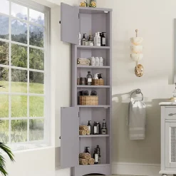 Meuble triangulaire salle de bain, résistant à l'humidité, 3 étagères ouvertes, double porte avec étagères réglables, gris