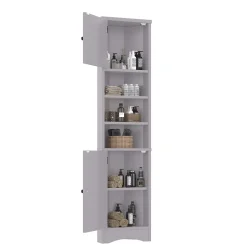 Meuble triangulaire salle de bain, résistant à l'humidité, 3 étagères ouvertes, double porte avec étagères réglables, gris