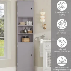 Meuble triangulaire salle de bain, résistant à l'humidité, 3 étagères ouvertes, double porte avec étagères réglables, gris