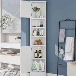 Meuble triangulaire salle de bain blanc, résistant à l'humidité, étagères ouvertes, double porte avec étagères réglables