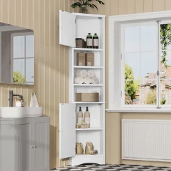 Meuble triangulaire salle de bain blanc, résistant à l'humidité, étagères ouvertes, double porte avec étagères réglables