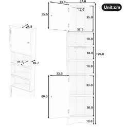 Meuble triangulaire salle de bain blanc, résistant à l'humidité, étagères ouvertes, double porte avec étagères réglables