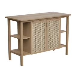 Meuble vasque à poser 2 portes avec plan de toilette l.114 x H.80 x P.50 cm, placage chêne et cannage, Thiam