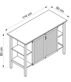 Meuble vasque à poser 2 portes avec plan de toilette l.114 x H.80 x P.50 cm, placage chêne et cannage, Thiam