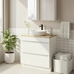 Meuble vasque à poser blanc brillant l.80 cm Imandra + plan de toilette chêne massif Hartland, GoodHome