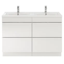 Meuble vasque à poser blanc brillant l.120 cm Imandra + plan double vasque blanc céramique Nira, GoodHome