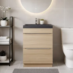 Meuble vasque à poser Imandra effet chêne l.60 cm + plan vasque noir résine Mila, GoodHome