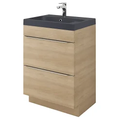 Meuble vasque à poser Imandra effet chêne l.60 cm + plan vasque noir résine Mila, GoodHome