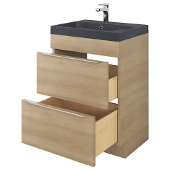 Meuble vasque à poser Imandra effet chêne l.60 cm + plan vasque noir résine Mila, GoodHome
