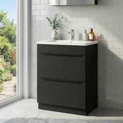 Meuble vasque à poser noir mat l.60 cm Imandra + plan vasque blanc céramique Nira, GoodHome