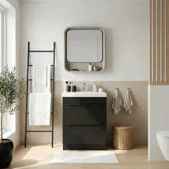 Meuble vasque à poser noir mat l.60 cm Imandra + plan vasque blanc résine Mila, GoodHome