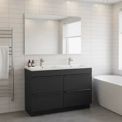 Meuble vasque à poser noir mat l.120 cm Imandra + plan double double vasque blanc céramique Nira, GoodHome