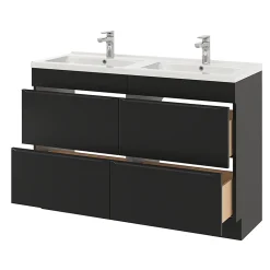 Meuble vasque à poser noir mat l.120 cm Imandra + plan double double vasque blanc céramique Nira, GoodHome
