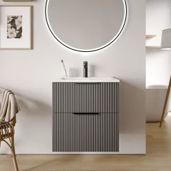 Meuble vasque Anthracite mat strié de salle de bain 60x46x62cm (LxPxH) + vasque céramique, Poignées chrome - TIM60