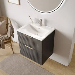 Meuble vasque Anthracite mat strié de salle de bain 60x46x62cm (LxPxH) + vasque céramique, Poignées chrome - TIM60