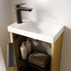 Meuble vasque Beige strié de salle de bain 40x22x55cm (LxPxH) + vasque céramique, Poignée Noir mat - TIM40