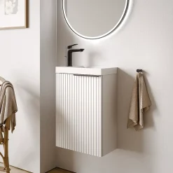 Meuble vasque Blanc mat strié de salle de bain 40x22x55cm (LxPxH) + vasque céramique, Poignée Noir mat - TIM40