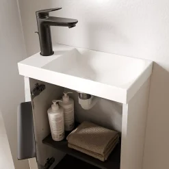 Meuble vasque Blanc mat strié de salle de bain 40x22x55cm (LxPxH) + vasque céramique, Poignée Noir mat - TIM40