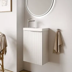 Meuble vasque Blanc mat strié de salle de bain 40x22x55cm (LxPxH) + vasque céramique, Poignée Chrome - TIM40