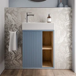 Meuble vasque Bleu azur mat de salle de bain 55x24x59cm (LxPxH) 1 porte à gauche + 2 cases rangement - BELDIVO