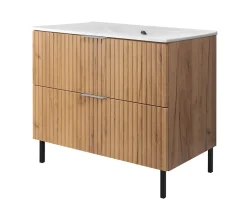 Meuble vasque, Chêne Craft, 80 x 77 x 46 cm, poignée argentée, pieds noirs, sans plateau