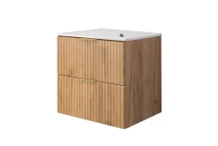 Meuble vasque, Chêne Craft, 60 x 57 x 46 cm, poignée dorée, sans plateau