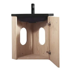 Meuble vasque d'angle compact suspendu effet chêne + plan vasque noir en résine, Homesight Skino