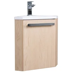 Meuble vasque d'angle compact suspendu effet chêne + plan vasque blanc en résine, Homesight Skino