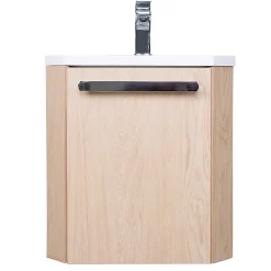 Meuble vasque d'angle compact suspendu effet chêne + plan vasque blanc en résine, Homesight Skino