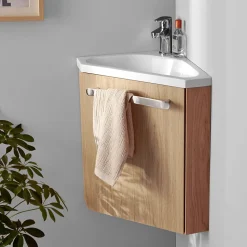 Meuble vasque d'angle compact suspendu effet chêne + plan vasque blanc en résine, Homesight Skino
