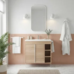 Meuble vasque faible profondeur effet bois avec porte-serviette l.85 x H.82 x P.36 cm Maza + plan vasque céramique Nira, GoodHome