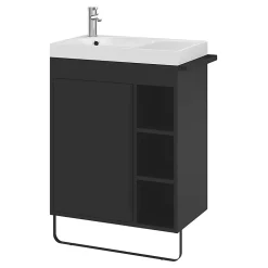 Meuble vasque faible profondeur noir avec porte-serviettes l.65 x H.82 x P.36 cm + plan vasque blanc résine, GoodHome Maza