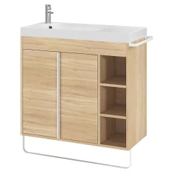Meuble vasque faible profondeur effet bois avec porte-serviettes l.85 x H.82 x P.36 cm + plan vasque résine, GoodHome Maza