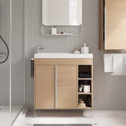 Meuble vasque faible profondeur effet bois avec porte-serviettes l.85 x H.82 x P.36 cm + plan vasque résine, GoodHome Maza
