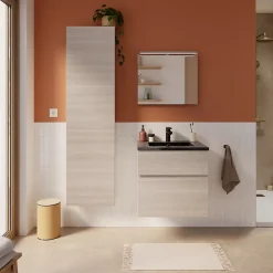 Meuble vasque faible profondeur suspendu effet chêne l.60 cm + plan vasque noir en résine, Calao