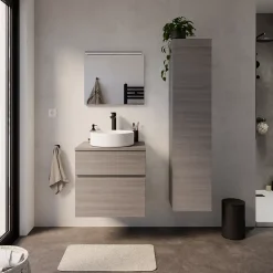 Meuble vasque faible profondeur suspendu effet chêne clair l.60 cm + plan de toilette, Calao