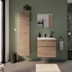 Meuble vasque faible profondeur suspendu effet chêne artisan l.60 cm + plan vasque blanc en résine, Calao