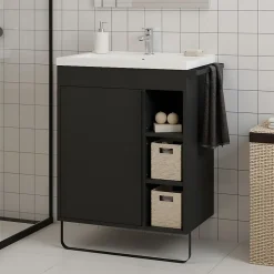 Meuble vasque faible profondeur noir avec porte-serviettes l.65 x H.82 x P.36 cm Maza + plan vasque blanc céramique Nira, GoodHome