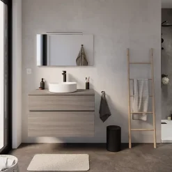 Meuble vasque faible profondeur suspendu effet chêne clair l.90 cm + plan de toilette, Calao