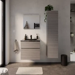 Meuble vasque faible profondeur suspendu effet chêne clair l.60 cm + plan vasque noir en résine, Calao