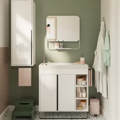 Meuble vasque faible profondeur blanc avec porte-serviettes l.85 x H.82 x P.36 cm + plan vasque résine blanc, GoodHome Maza