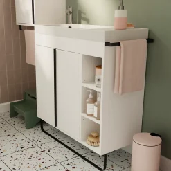 Meuble vasque faible profondeur blanc avec porte-serviettes l.85 x H.82 x P.36 cm + plan vasque résine blanc, GoodHome Maza