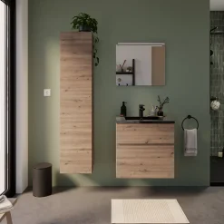 Meuble vasque faible profondeur suspendu effet chêne artisan l.60 cm + plan vasque noir en résine, Calao