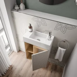 Meuble vasque Gris soie de salle de bain 55x24x59cm (LxPxH) 1 porte à droite + 2 cases rangement - BELDIVO