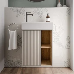 Meuble vasque Gris soie de salle de bain 55x24x59cm (LxPxH) 1 porte à gauche + 2 cases rangement - BELDIVO