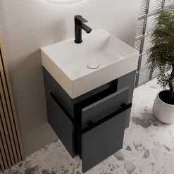 Meuble vasque lave-main Anthracite mat 45x35x50cm (LxPxH) 1 tiroir + rangement droite + poignée Noir mat - COMPACT450